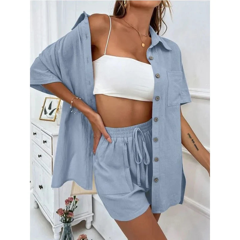Solid Color Casual Loose Short Pants Sets For Women