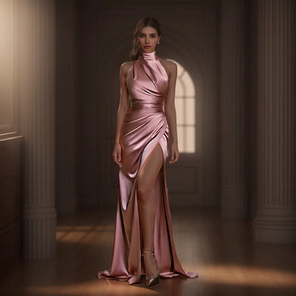 Satin Sleeveless Backless Halter Side Slit Sexy Elegant Maxi Dress
