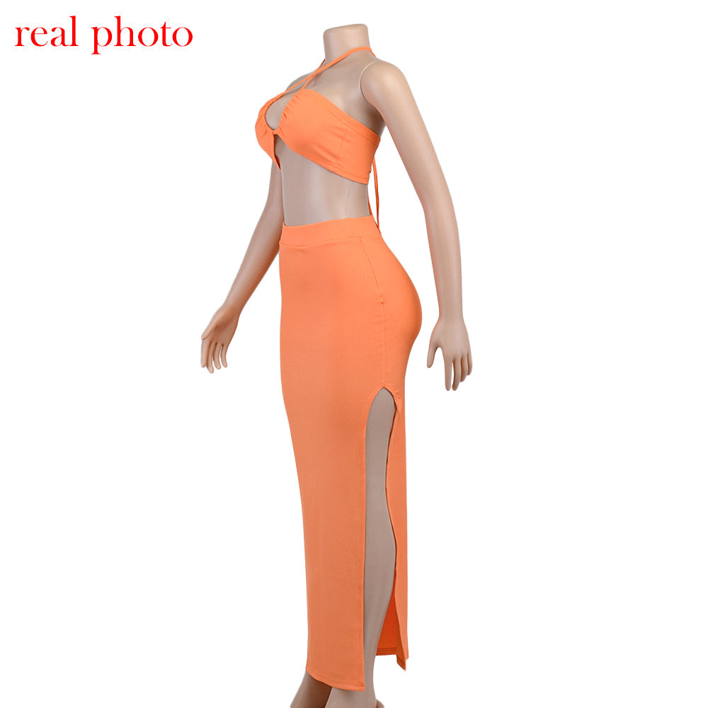 Cryptographic Bandage Cut Out Sexy Halter Neck Top and Skirts Set Gathered Elegant