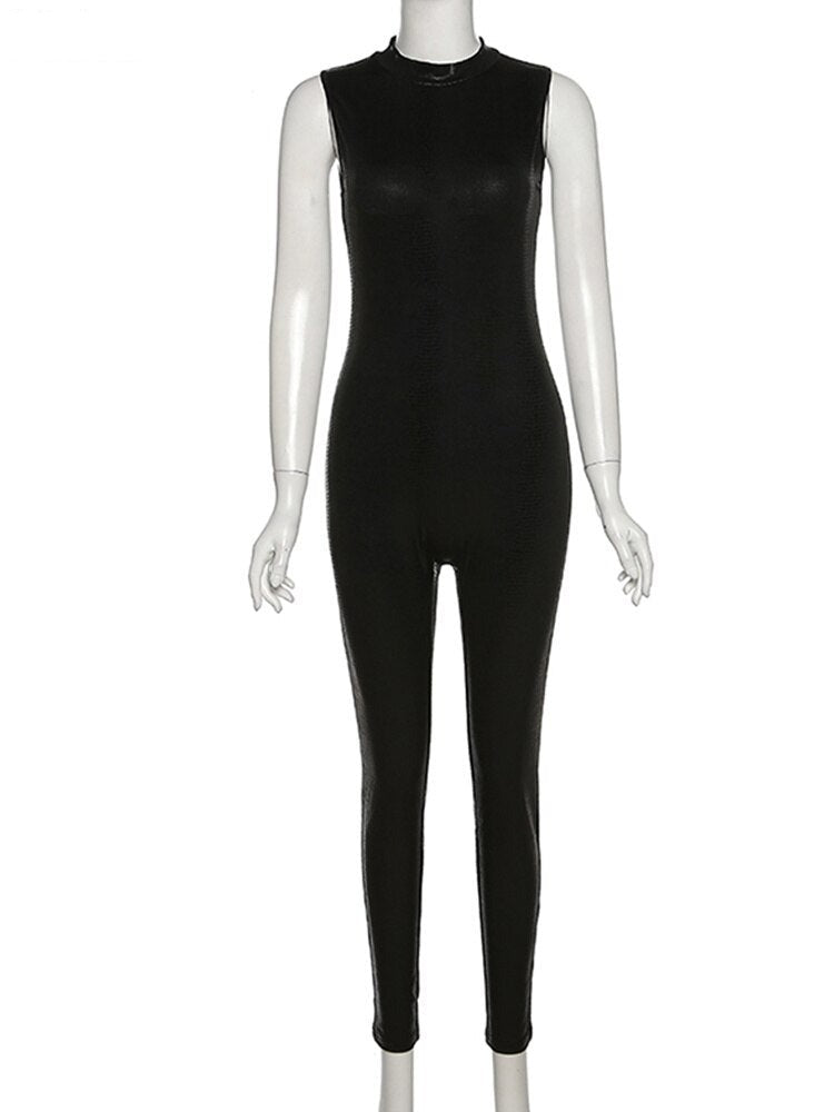 PU Leather Sleeveless Turtleneck Zipper Women Jumpsuit 2022 Casual Street Style Sports Fitness