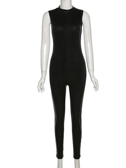 PU Leather Sleeveless Turtleneck Zipper Women Jumpsuit 2022 Casual Street Style Sports Fitness