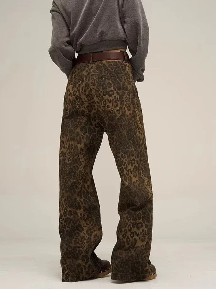 Leopard Print Y2k Jeans Women Oversized Wide Leg Denim Trousers Streetwear