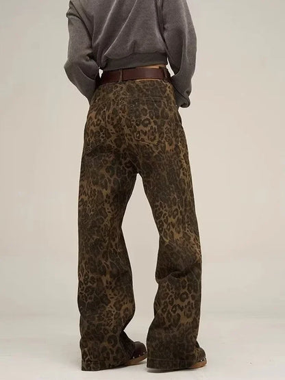 Leopard Print Y2k Jeans Women Oversized Wide Leg Denim Trousers Streetwear