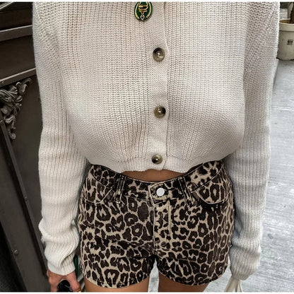 Leopard Print Shorts Women Denim Short Pants
