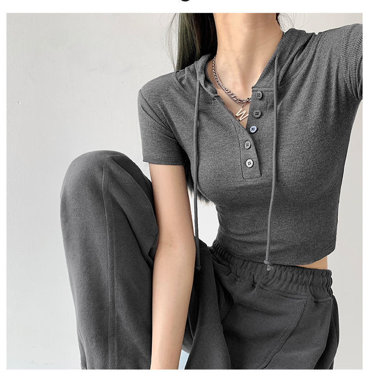 Fashion Hooded T-shirts Women Summer Tight Short Sleeve Y2k Tees Gray Crop Tops Female