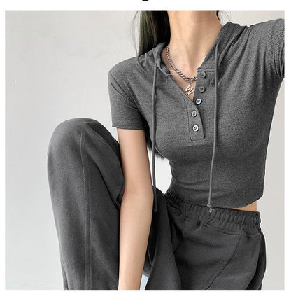 Fashion Hooded T-shirts Women Summer Tight Short Sleeve Y2k Tees Gray Crop Tops Female