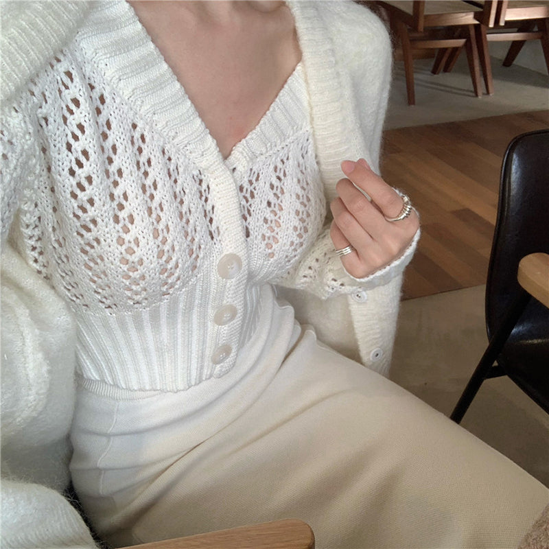 Women Hollow Sweater Cardigan Outerwear V Neck Button Knitted Tops Jackets