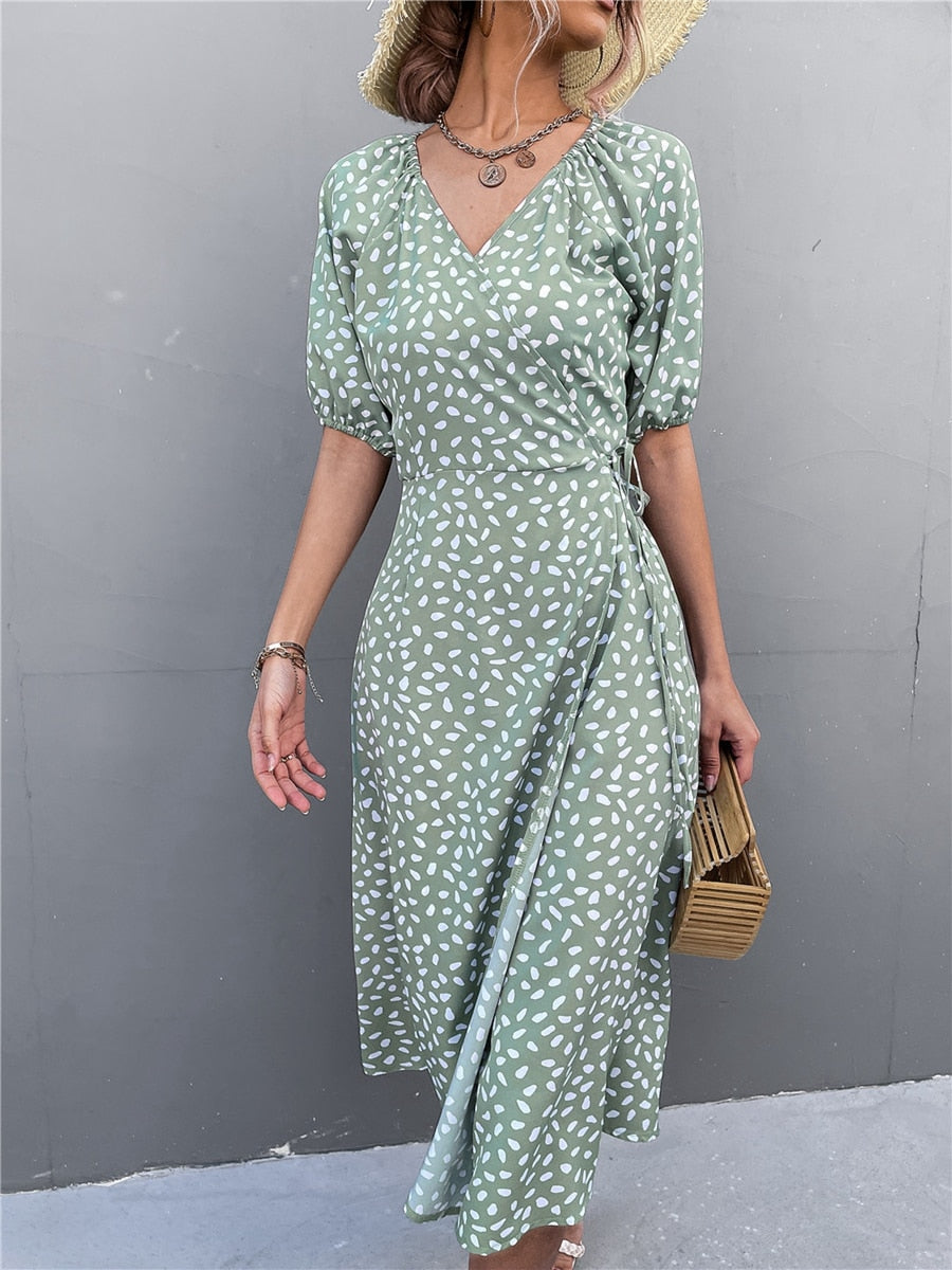 Woman Short Sleeve V Neck Chiffon Wrap Dresses Polka Dot Streetwear Elegant Midi Dress