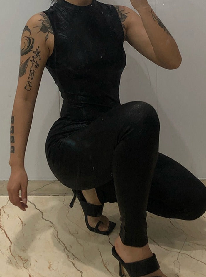 PU Leather Sleeveless Turtleneck Zipper Women Jumpsuit 2022 Casual Street Style Sports Fitness