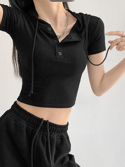 Fashion Hooded T-shirts Women Summer Tight Short Sleeve Y2k Tees Gray Crop Tops Female