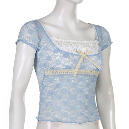 Trim Crop Top Bow Cute Sweet T Shirt Women Retro Short Sleeve Lace Patched Tshirt