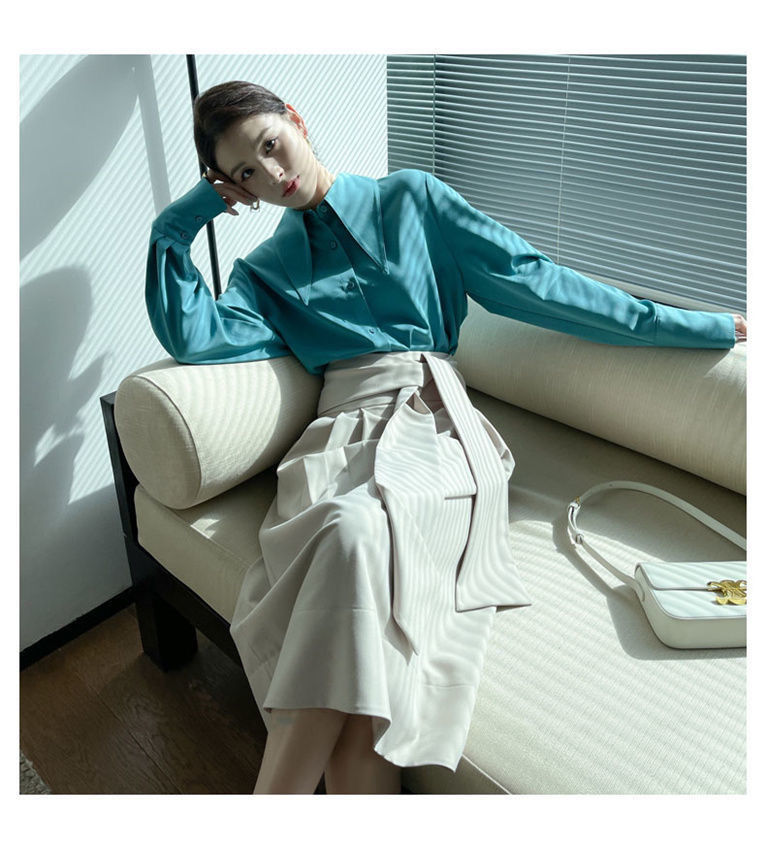 Big Pointed Collar White Blouses For Women Vintage Loose Long Sleeve Shirt