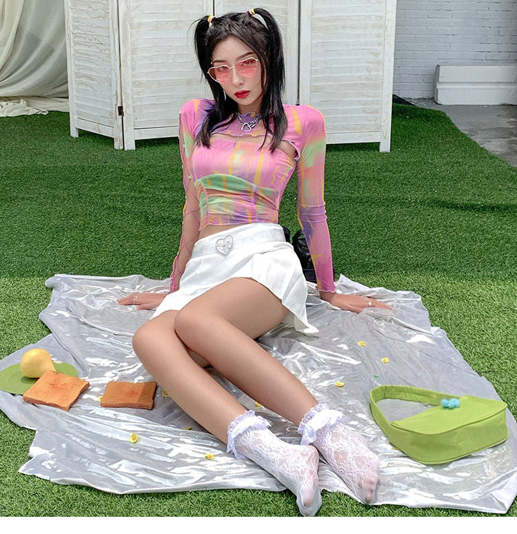 Hollow Bandage T-Shirt Women Sweet Suits Color Pattern Mesh Camisole + Long Sleeve Smock Female