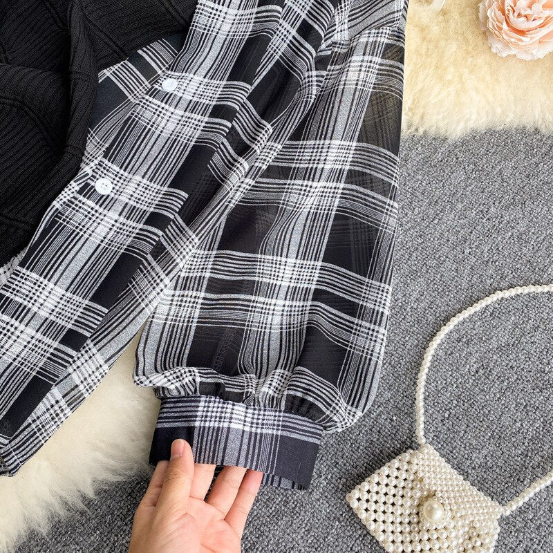 Summer Women Two Piece Set Plaid Long Sleeve Sunscreen Shirt+A-line Knitting Slip Dress