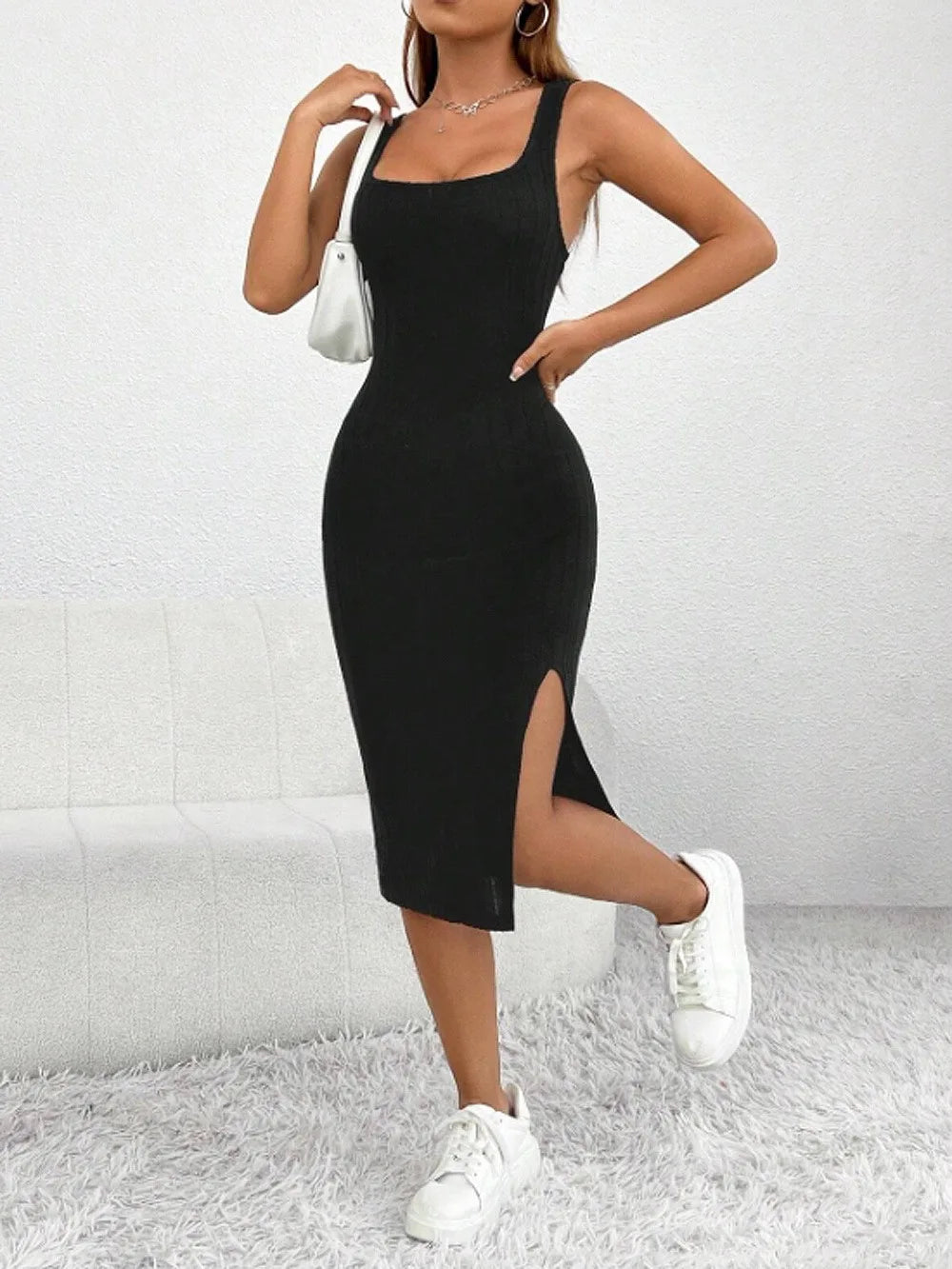 slit dress solid color sling slim dress