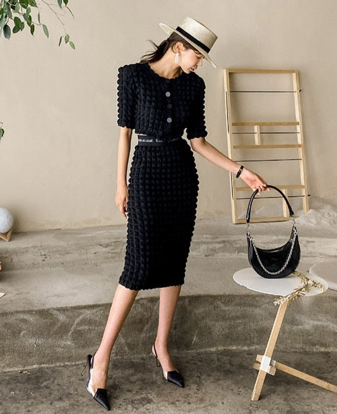 Summer Ladies 2 Pieces Skirt Set Short Sleeve Single-breasted Tops &amp; High Waist