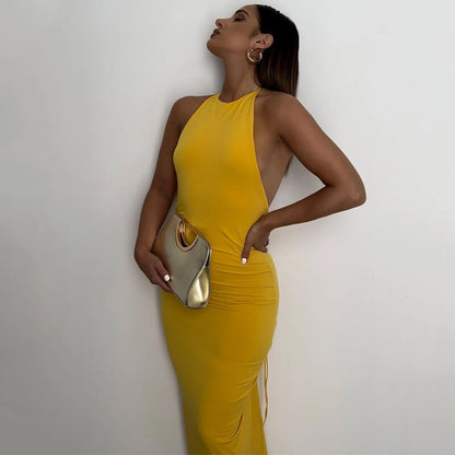 Halter Bandage Sleeveless Backless Shirring Draped Maxi Dress Sexy Streetwear