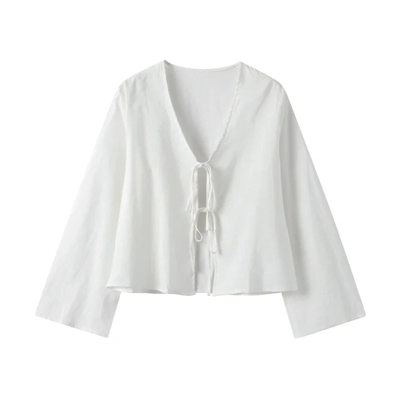 Cotton Linen Lace Up Bow Shirts Women Loose Hollow Out V Neck Long Sleeve Tops