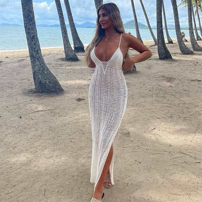 Spaghetti Strap Backless V-neck Loose Beach Dress Women&