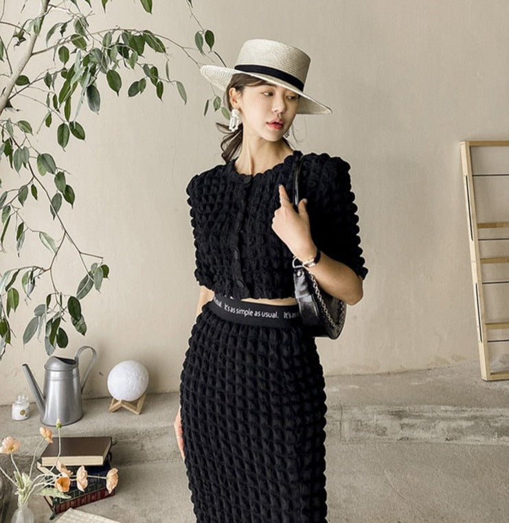 Summer Ladies 2 Pieces Skirt Set Short Sleeve Single-breasted Tops &amp; High Waist