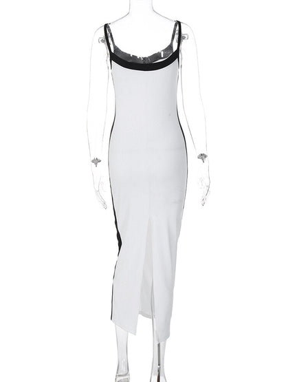 Color Bloack V Neck Sleeveless Slip Slit Sexy Bodycon Maxi Dress Y2K Outfit