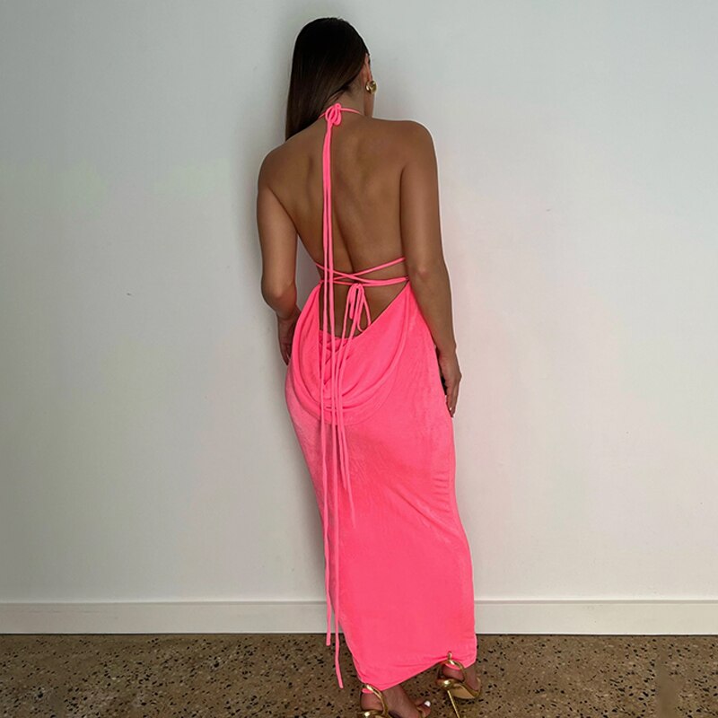Collar Backless Sleeveless Drawstrings Hollow Out Slit Sexy Maxi Prom Dress