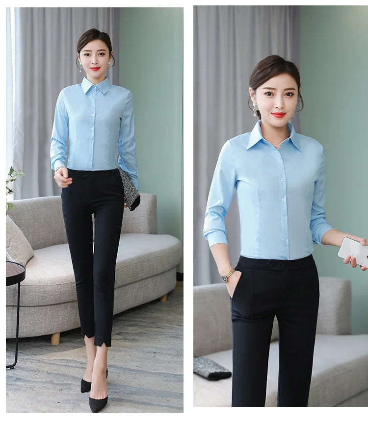 Polyester Cotton Shirts for Women Long Sleeve Blouse