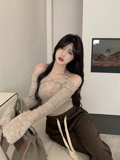 Off Shoulder Tops Women Skinny Slash Neck Halterneck Knitted Shirts y2k Summer 2022