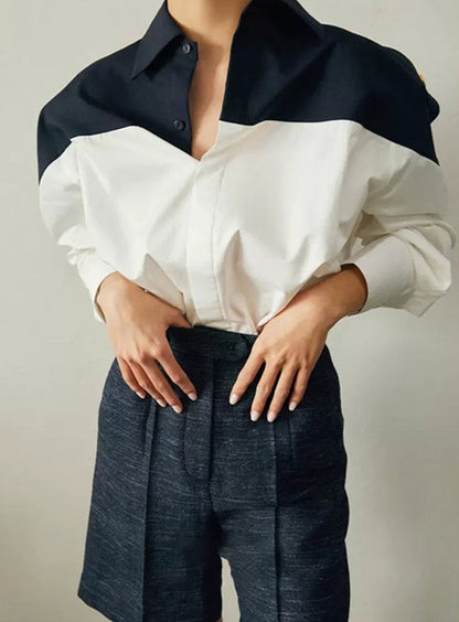 Patchwork Lapel Women Shirts Long Sleeve Single-breasted Loose Female Blouses