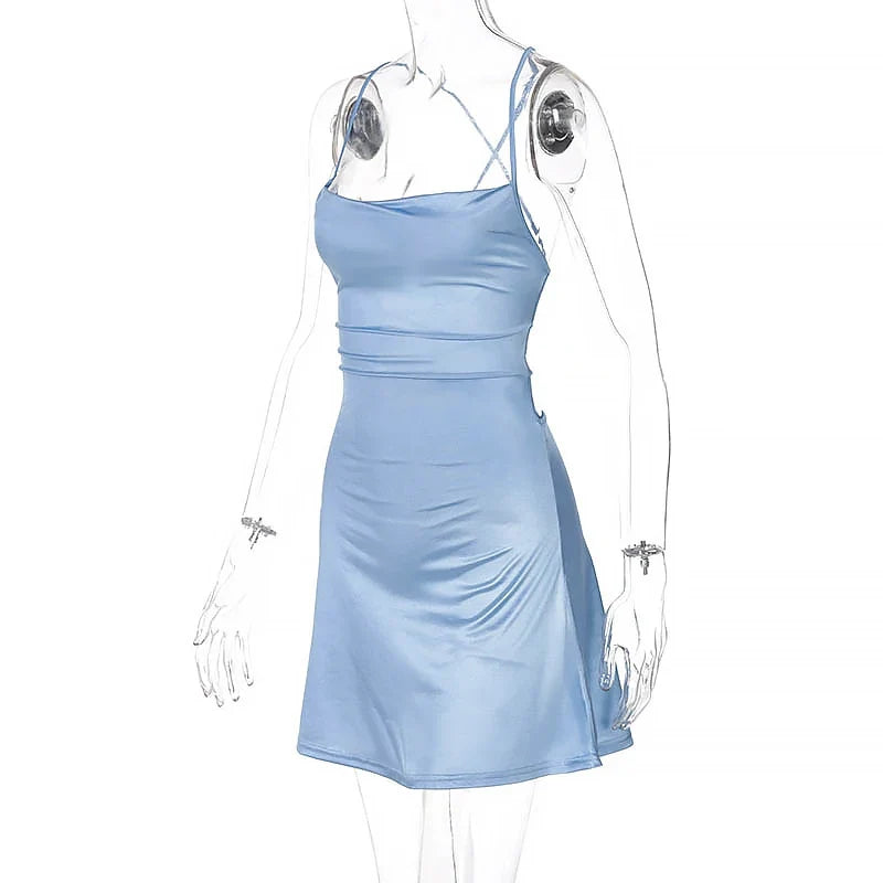 Y2K solid color satin traf slit suspender dress