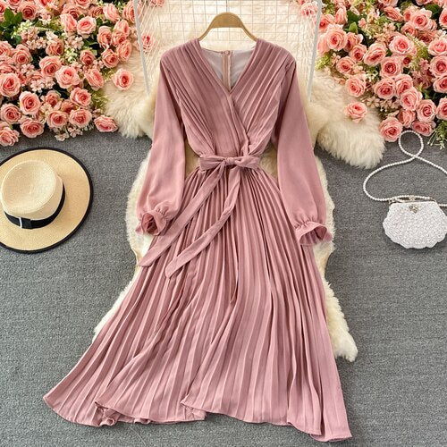 Slim Dress Elegant A Line V Neck Puff Sleeve Chiffon Pullover Mid-Calf Dresses