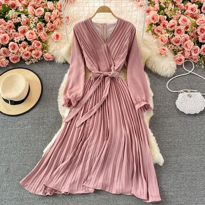 Slim Dress Elegant A Line V Neck Puff Sleeve Chiffon Pullover Mid-Calf Dresses