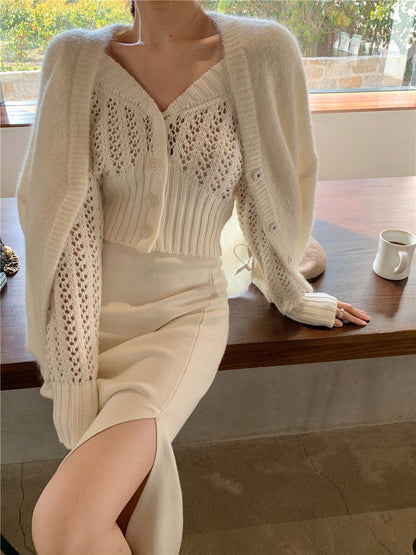 Women Hollow Sweater Cardigan Outerwear V Neck Button Knitted Tops Jackets