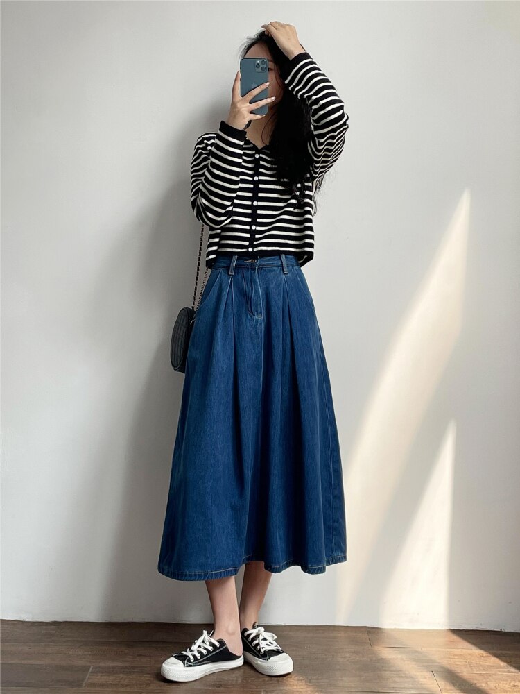 Denim Skirts Women Casual High Waist Lady Loose Vintage Dark Blue Skirts