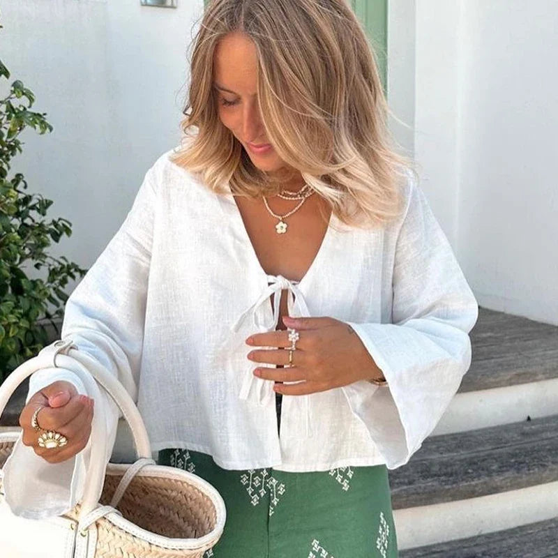 Cotton Linen Lace Up Bow Shirts Women Loose Hollow Out V Neck Long Sleeve Tops