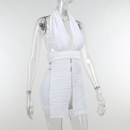 White Deep V-neck Halter Bandage 2 Pieces Sets Sleeveless Backless Suits Outfits with Shorts