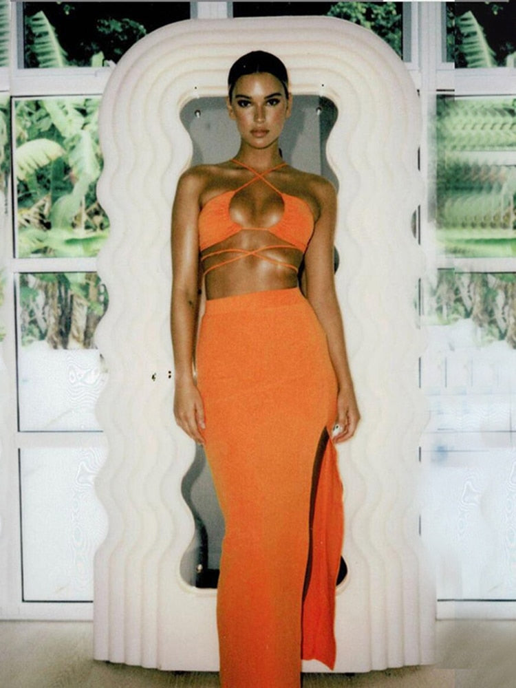 Cryptographic Bandage Cut Out Sexy Halter Neck Top and Skirts Set Gathered Elegant