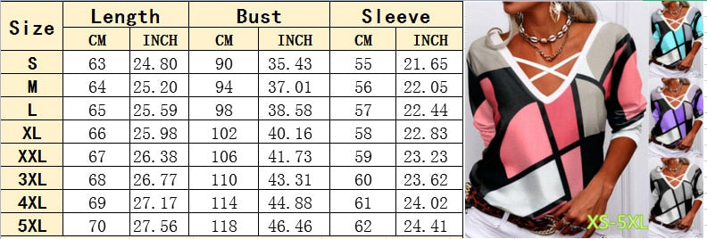 Overlapping V Neck Geometric Print T-shirt Casual Long Sleeve Tops Loose Pullover