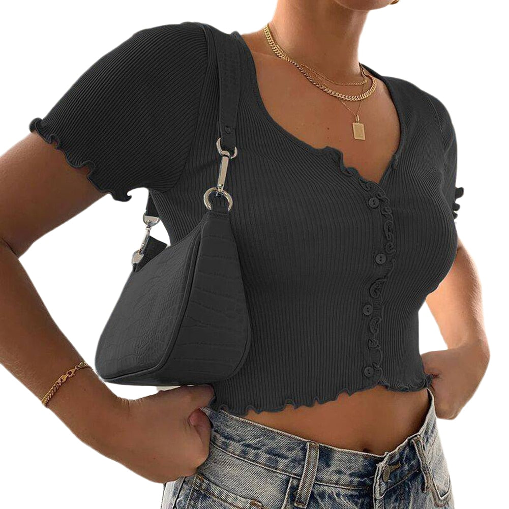 Women clothes Ladies Button Square Neck Tops Short Sleeve square collar pullover T-shirts