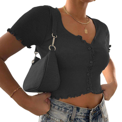 Women clothes Ladies Button Square Neck Tops Short Sleeve square collar pullover T-shirts