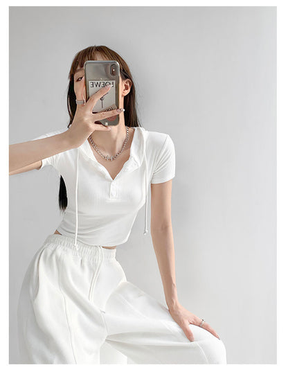 Fashion Hooded T-shirts Women Summer Tight Short Sleeve Y2k Tees Gray Crop Tops Female