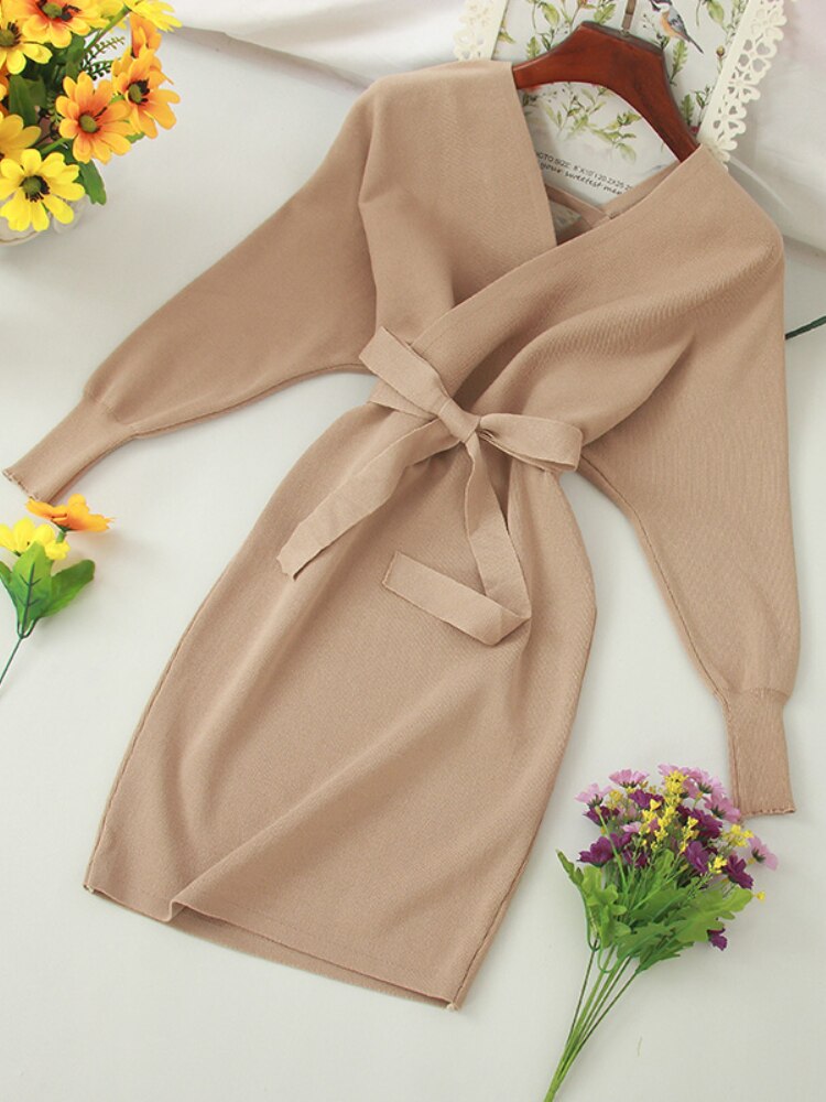 Autumn Women Sexy Elegant Knitted Dress Backless V Neck Sash Tie Up High Waist Dresses