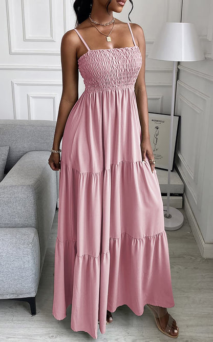 Spaghetti Strap Maxi Dress Women Summer Sleeveless Smocked Boho Long Beach Dress Sundresses