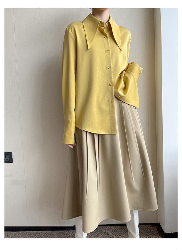 Big Pointed Collar White Blouses For Women Vintage Loose Long Sleeve Shirt
