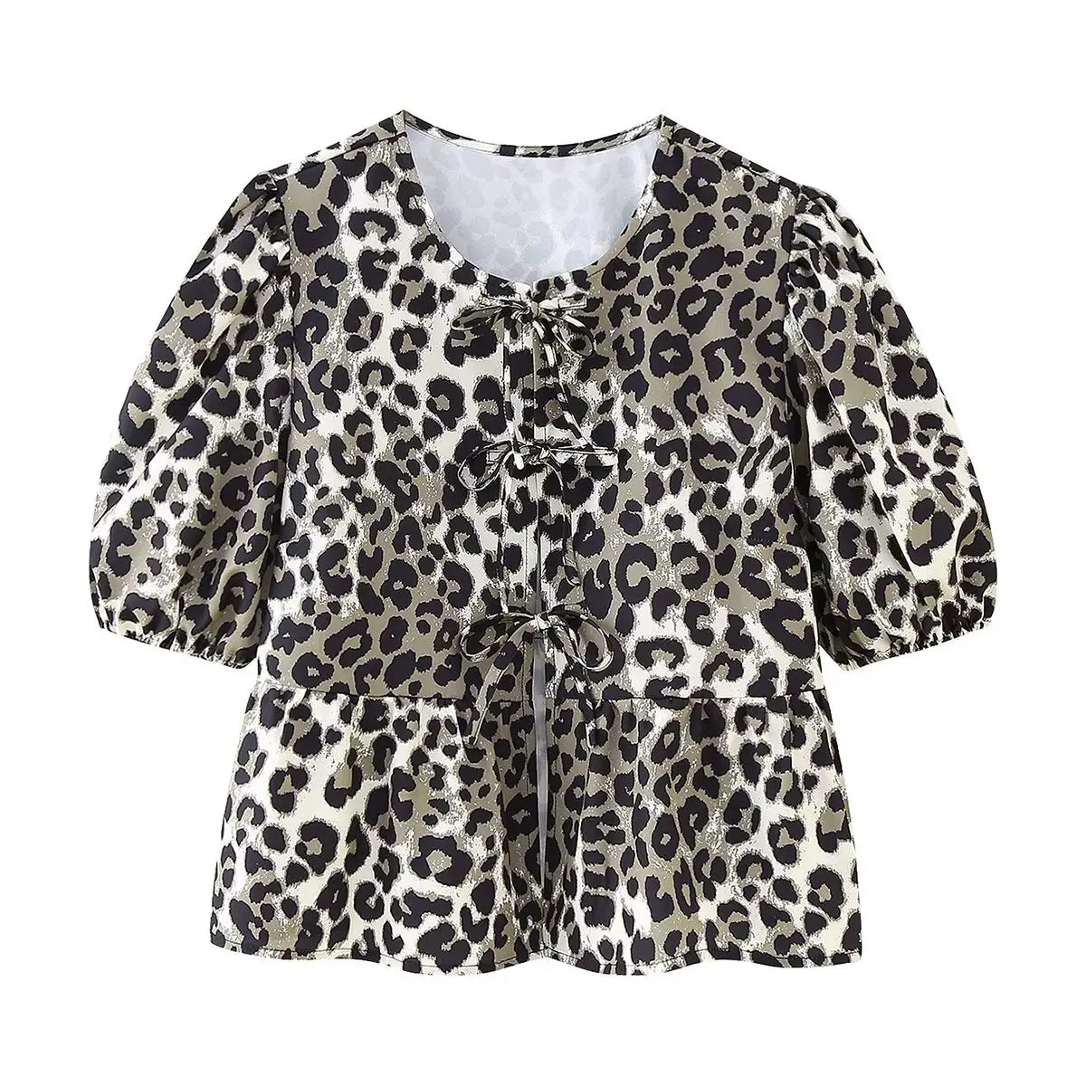 Leopard Blouse Puff Sleeve Crop Top Women&