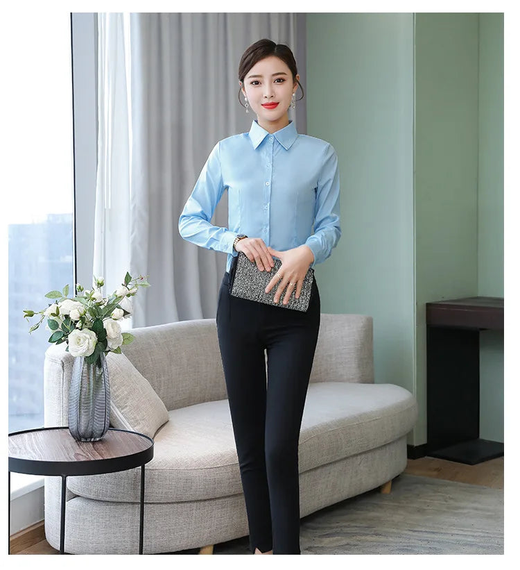 Polyester Cotton Shirts for Women Long Sleeve Blouse