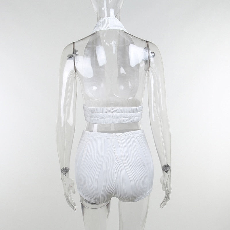 White Deep V-neck Halter Bandage 2 Pieces Sets Sleeveless Backless Suits Outfits with Shorts