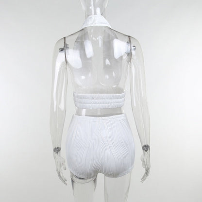 White Deep V-neck Halter Bandage 2 Pieces Sets Sleeveless Backless Suits Outfits with Shorts