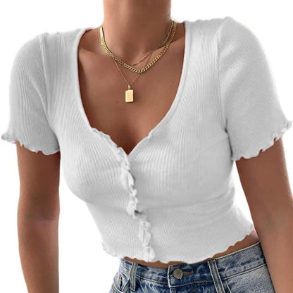 Women clothes Ladies Button Square Neck Tops Short Sleeve square collar pullover T-shirts