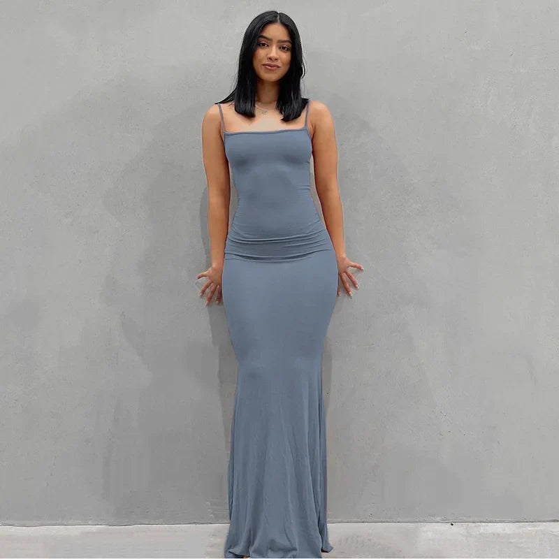 Spaghetti Strap Black Long Sleeveless Skinny Bodycon Dress Y2k
